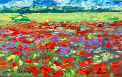 "Flowers and Poppies In The Valley" Contemporary Impressionist Oil of Provence