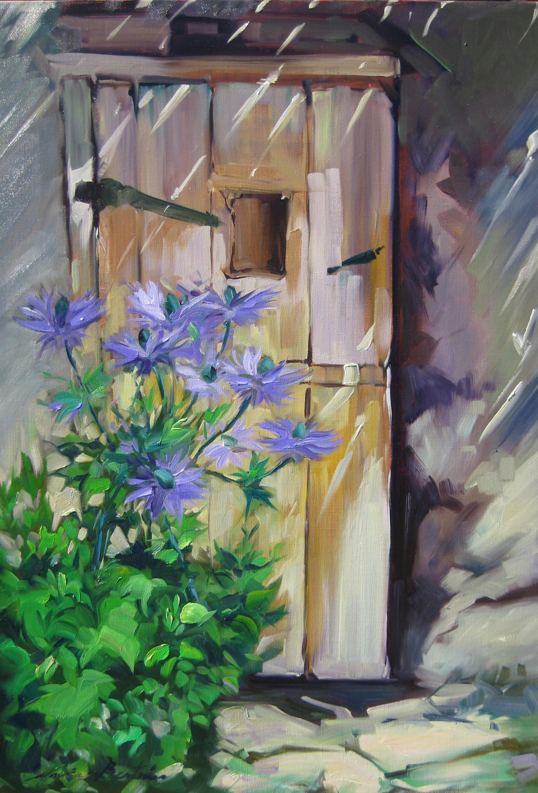 Maria Bertrán Landscape Painting - "Flowers By The Alpine Door" Modern Impressionist Oil Painting by Maria Bertran