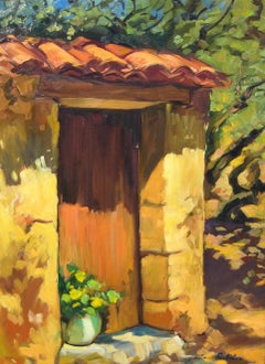 "Flowers By The Provencal Doorway" - Peinture à l'huile impressionniste de Maria Bertran