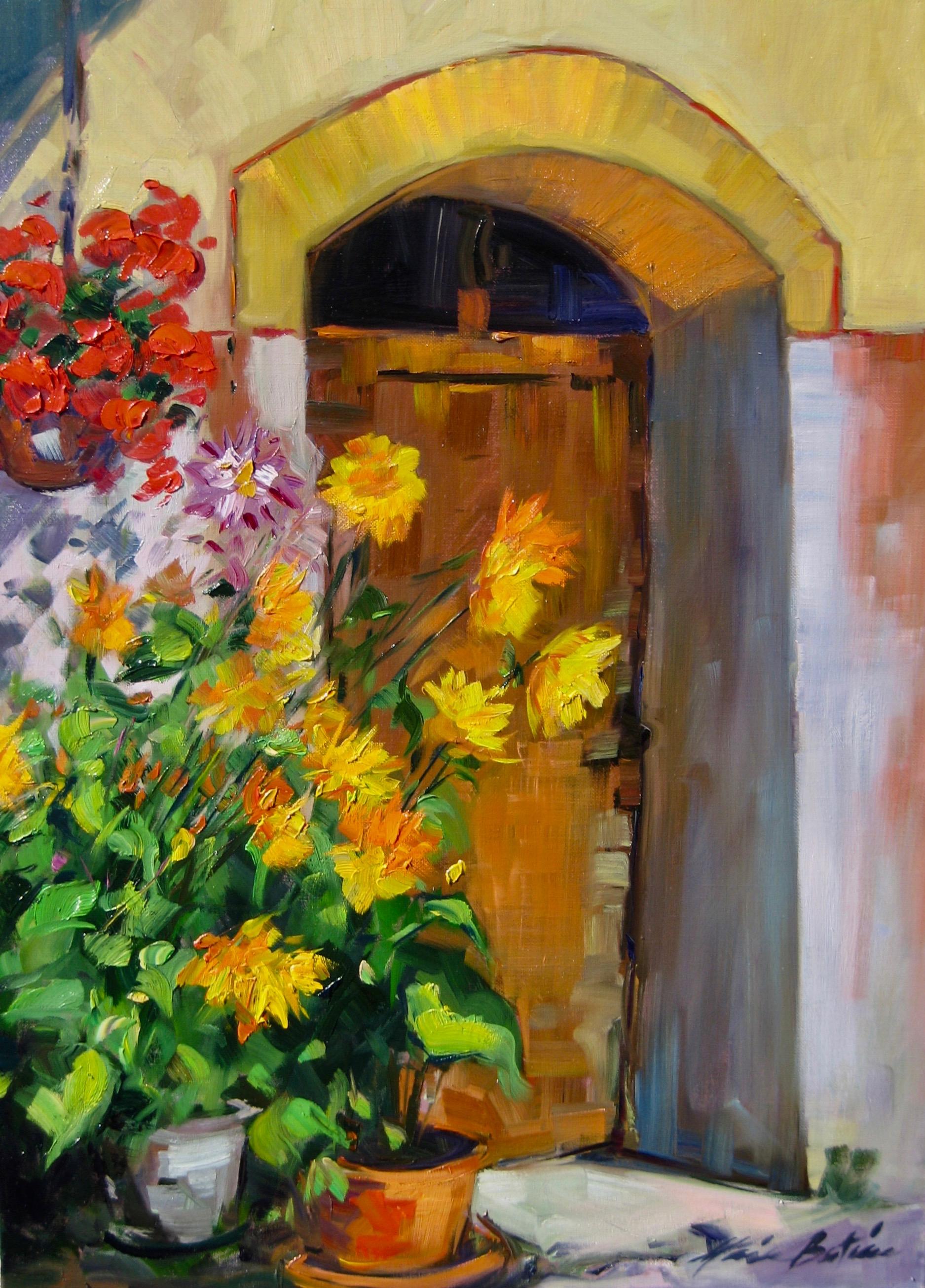 Maria Bertrán Landscape Painting - "Flowers By Theresa's Door"  Contemporary Impressionist Oil Painting of Provence