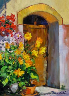 "Flowers By Theresa's Door"  Contemporary Impressionist Oil Painting of Provence
