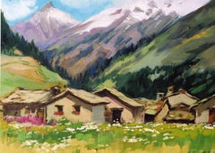 "Geraniums In The Window" Contemporary Impressionist Oil of Italian Alps 