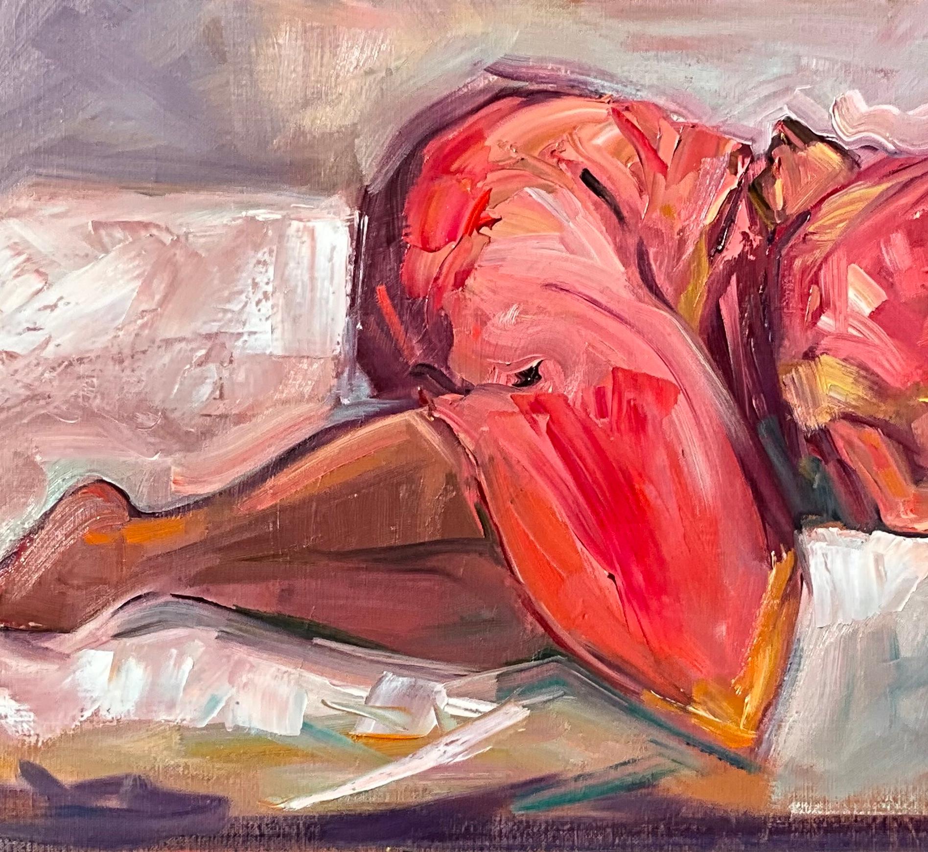« Fille en robe rouge »  Peinture impressionniste contemporaine de figures - Post-impressionnisme Painting par Maria Bertrán