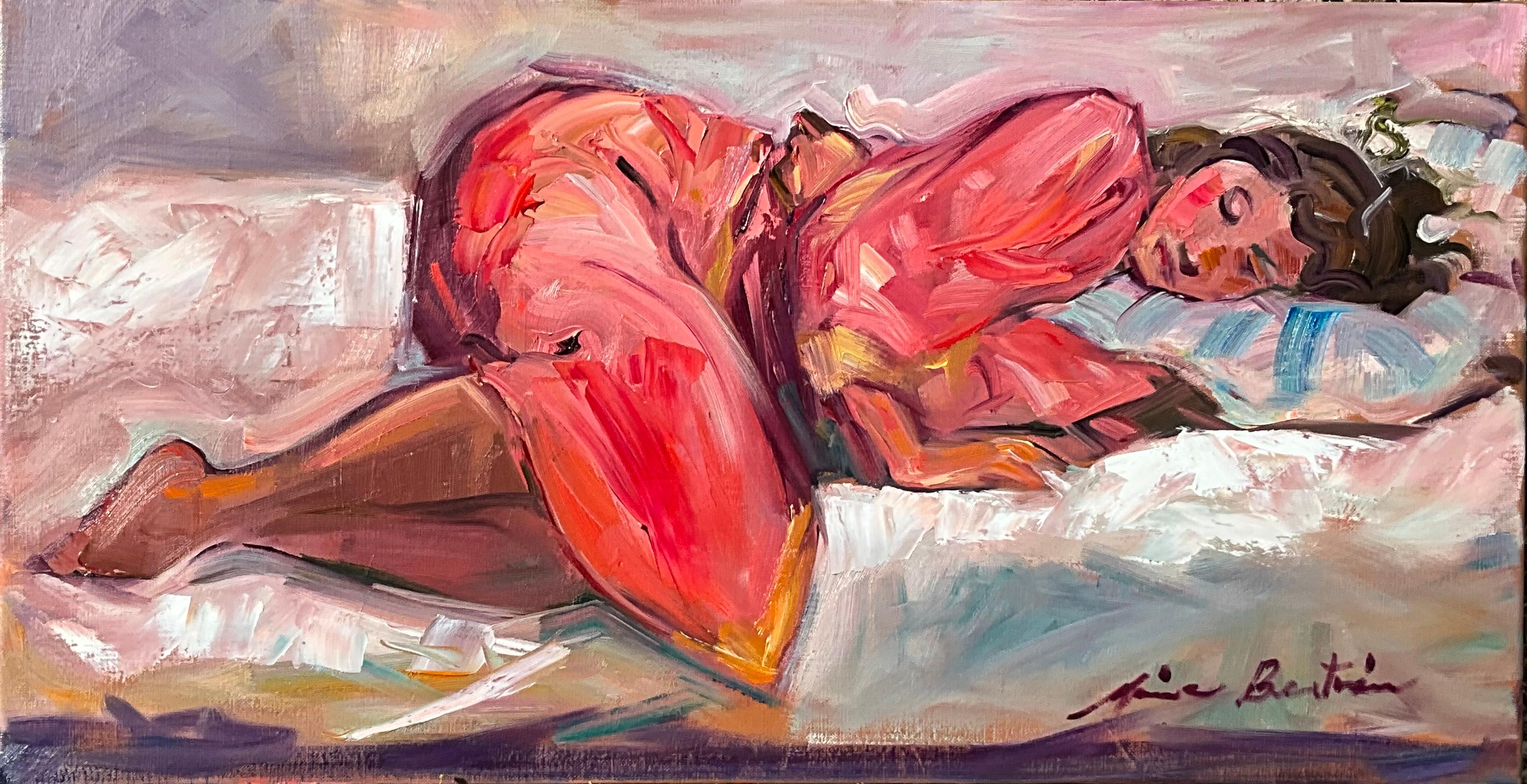 Landscape Painting Maria Bertrán - « Fille en robe rouge »  Peinture impressionniste contemporaine de figures 