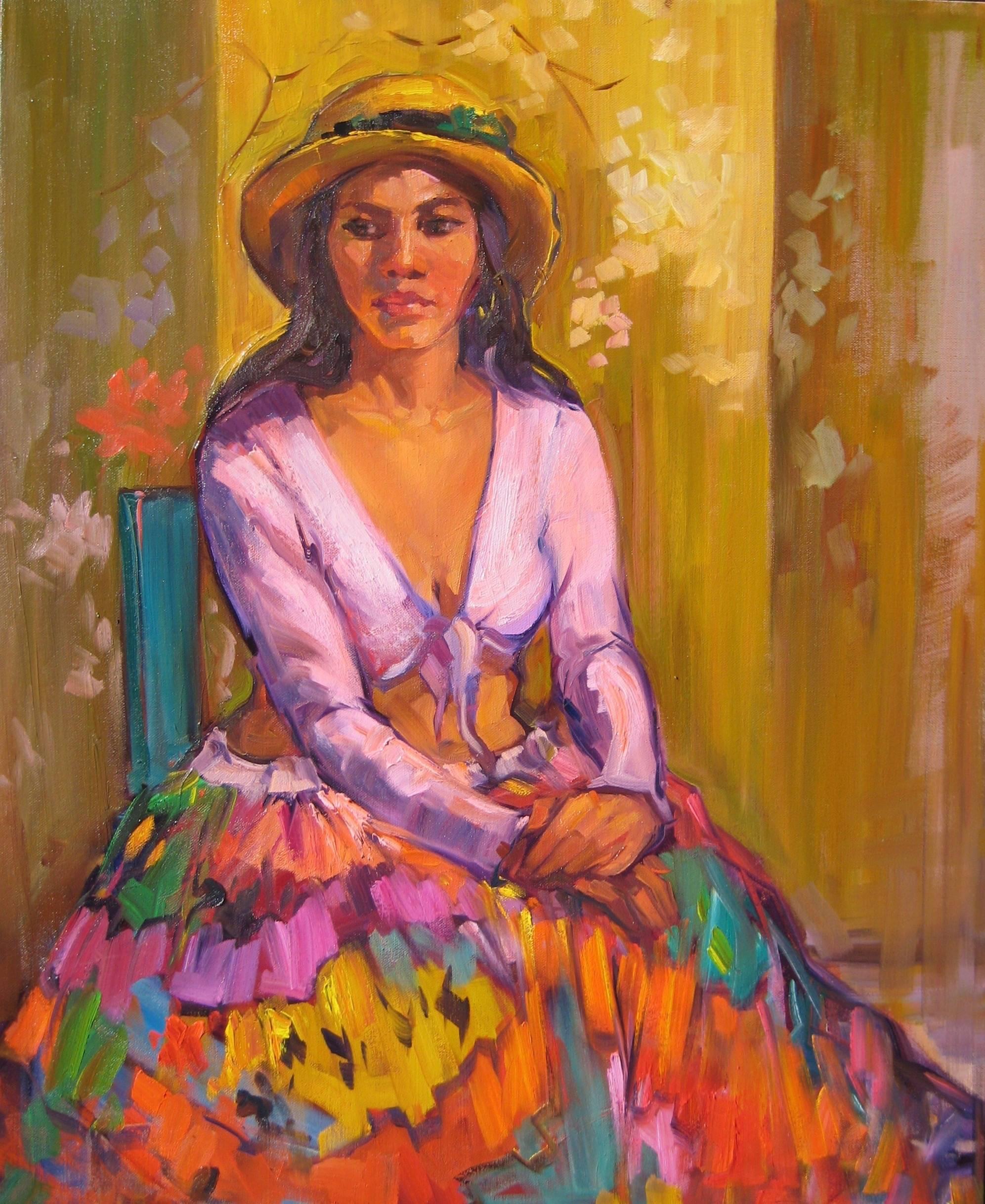 "Girl With Straw Hat" Modern Impressionist Figure Oil Painting by Maria Bertran