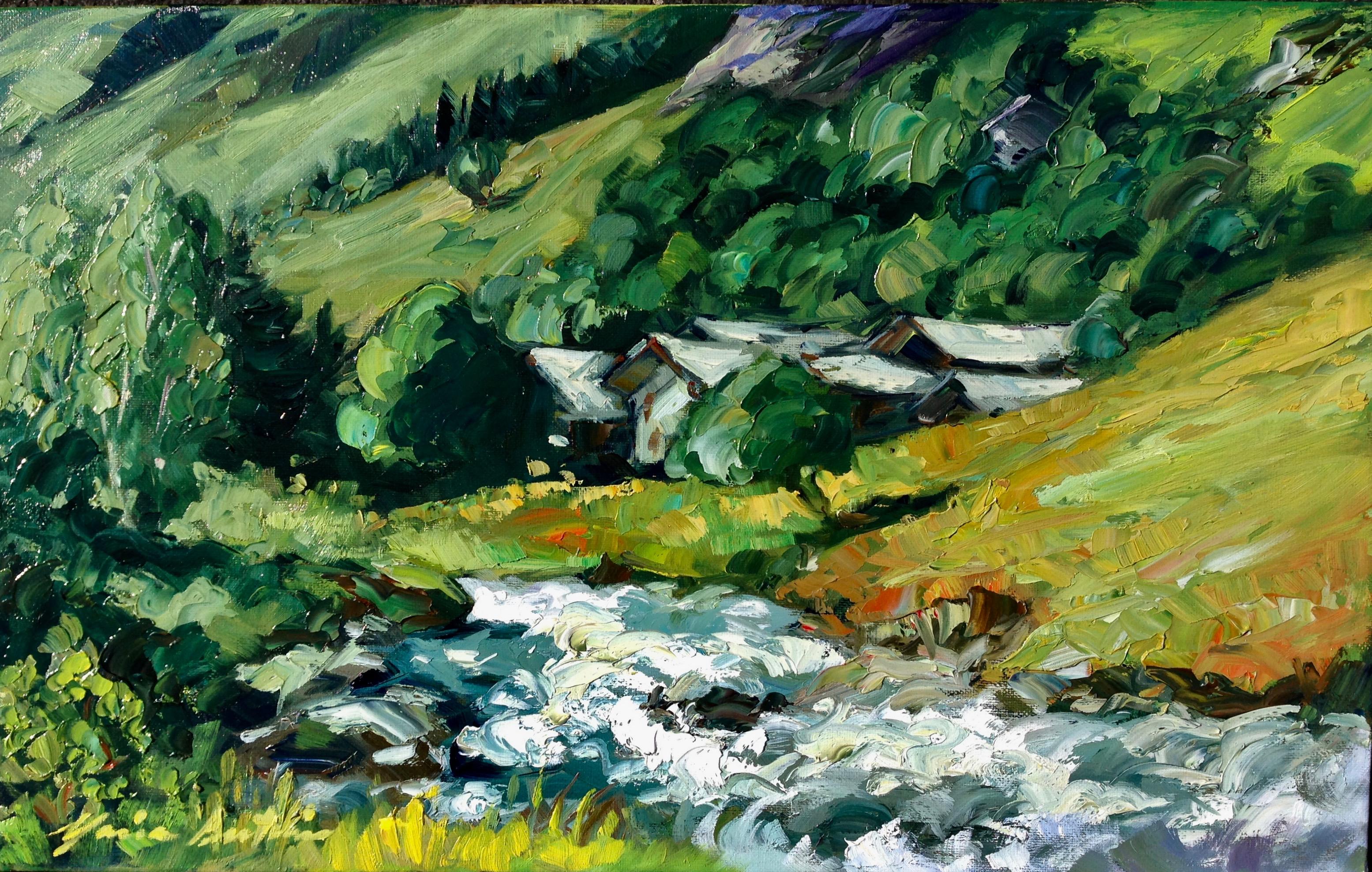 Landscape Painting de Maria Bertrán - "Arroyo glaciar en los Alpes franceses"  Pintura al óleo impresionista moderna de Francia
