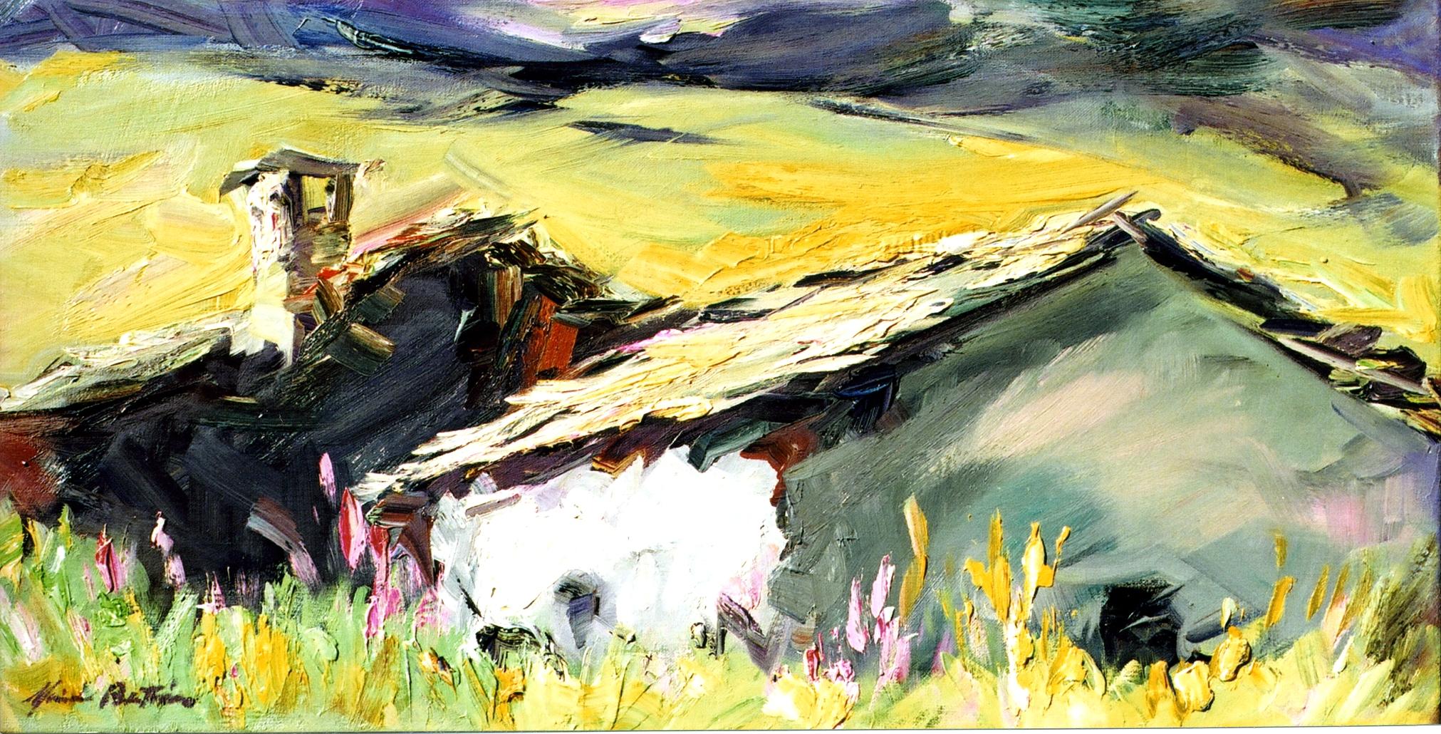 Maria Bertrán Landscape Painting - "Golden Alpine Cabins" Contemporary Impressionist Oil of Italian Alps 