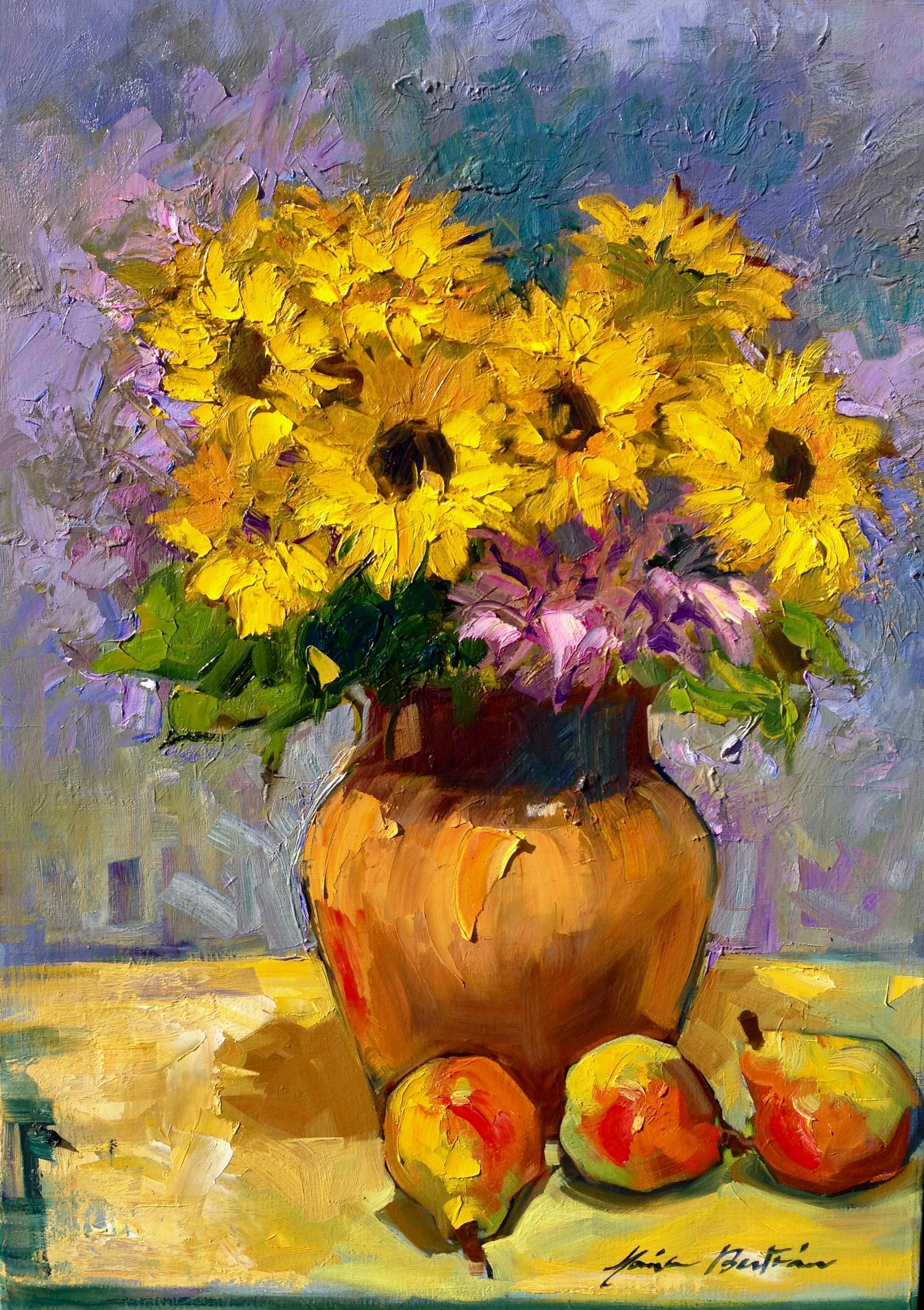 Maria Bertrán Still-Life Painting - "Golden Sunflowers with Lavender" Contemporary Impressionist Still Life 