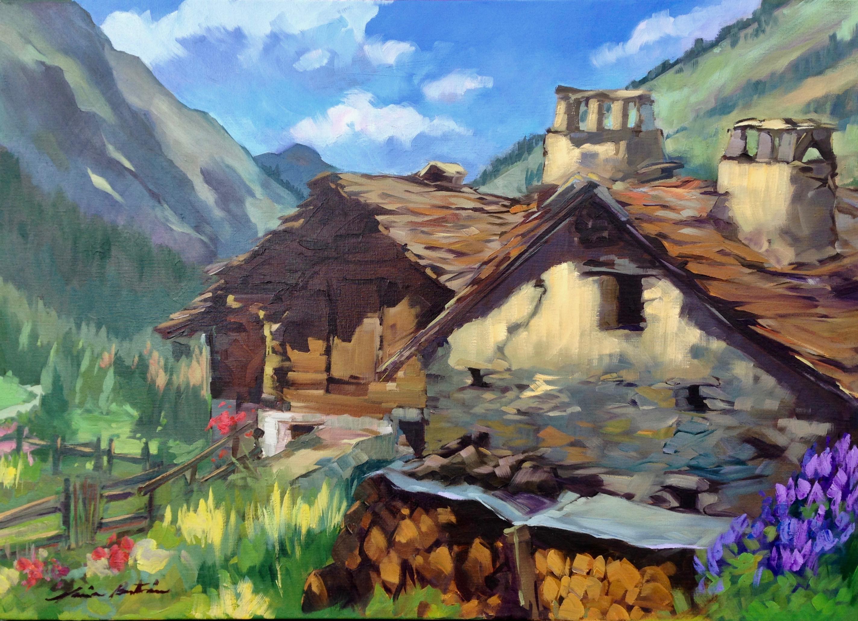 Maria Bertrán Landscape Painting - "Gran Paradiso Cabin" Contemporary Impressionist Oil of Italian Alps 