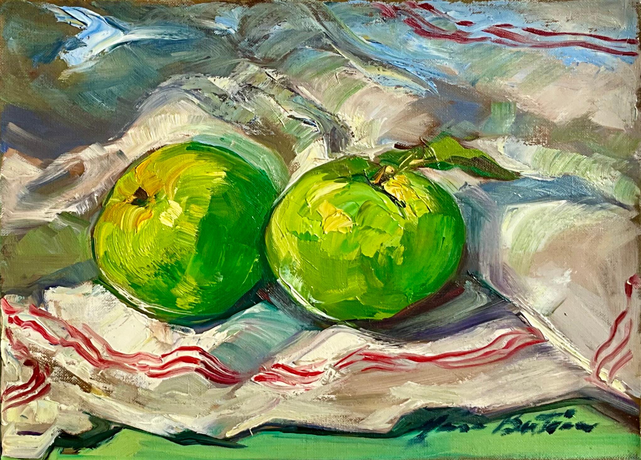 Still-Life Painting de Maria Bertrán - "Manzanas verdes" Bodegón impresionista contemporáneo Óleo