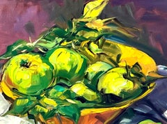"Green Apples, Yellow Bowl" Contemporary Impressionist Still Life Oil