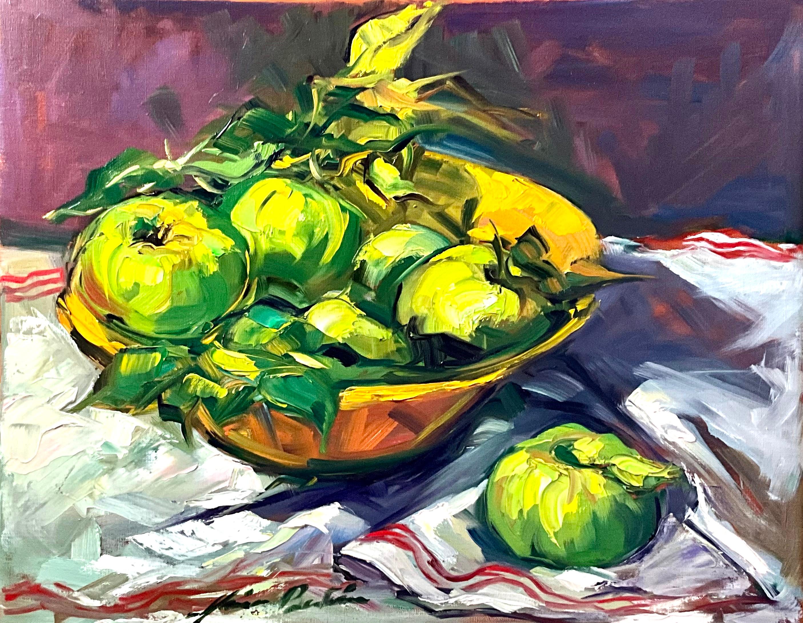 Still-Life Painting Maria Bertrán - "Pommes vertes, bol jaune" Nature morte impressionniste contemporaine à l'huile