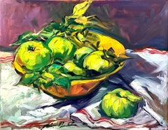 "Green Apples, Yellow Bowl" Contemporary Impressionist Still Life Oil