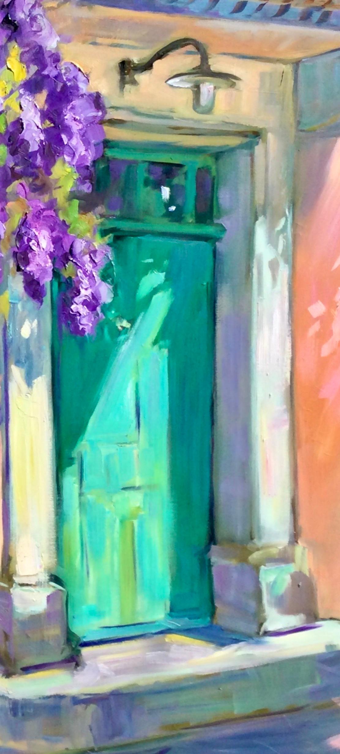 Une porte verte avec glycine - Huile impressionniste contemporaine de Provence - Painting de Maria Bertrán