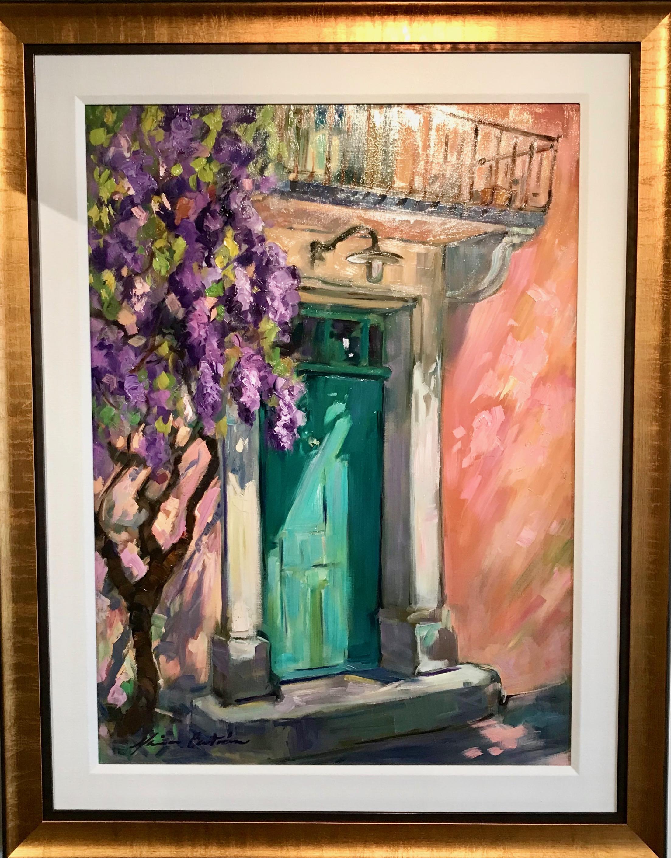 Une porte verte avec glycine - Huile impressionniste contemporaine de Provence en vente 1