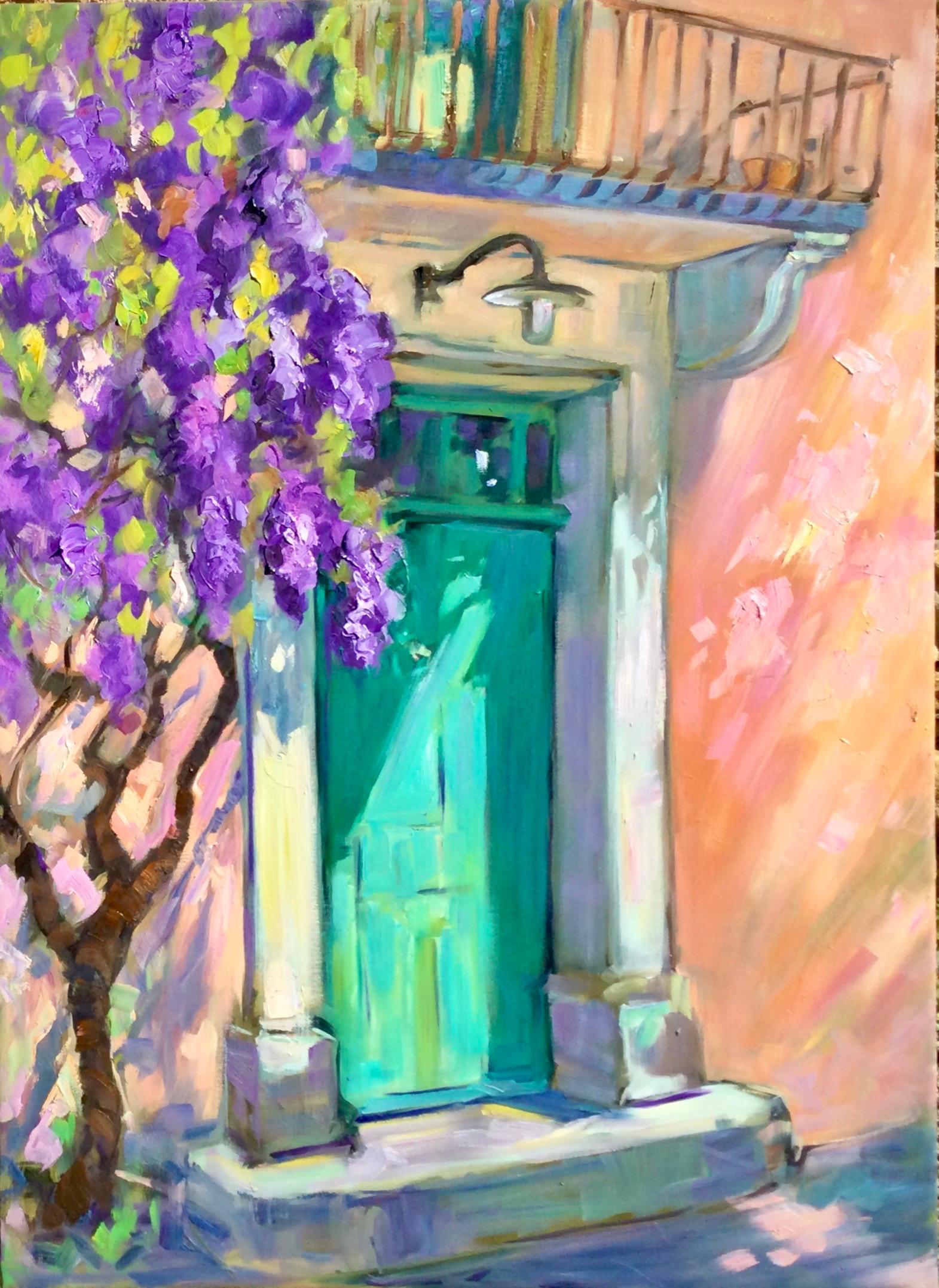 Landscape Painting Maria Bertrán - Une porte verte avec glycine - Huile impressionniste contemporaine de Provence