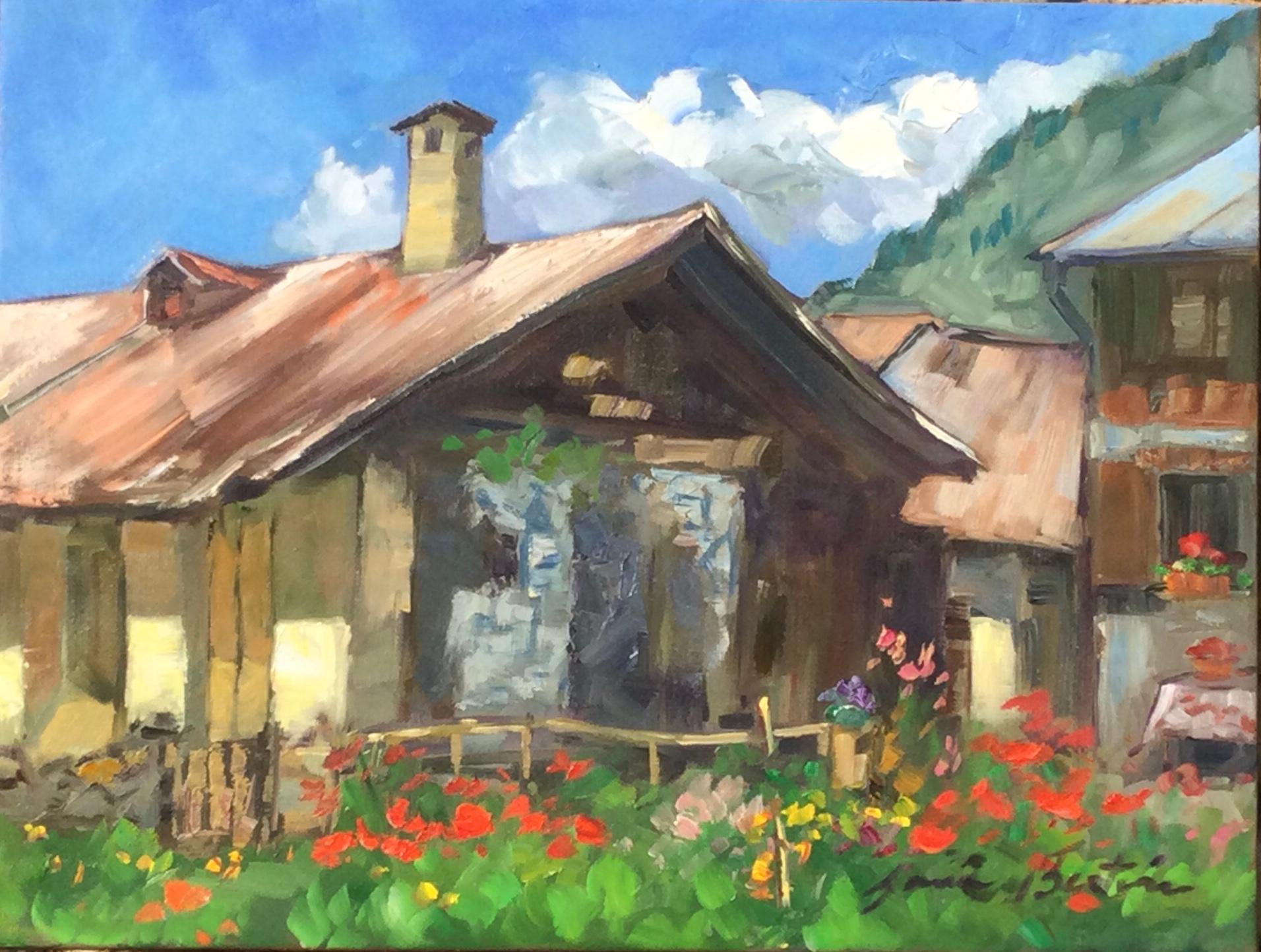 Maria Bertrán Landscape Painting - "House In Champigny"  Contemporary Impressionist Oil Painting of French Alps