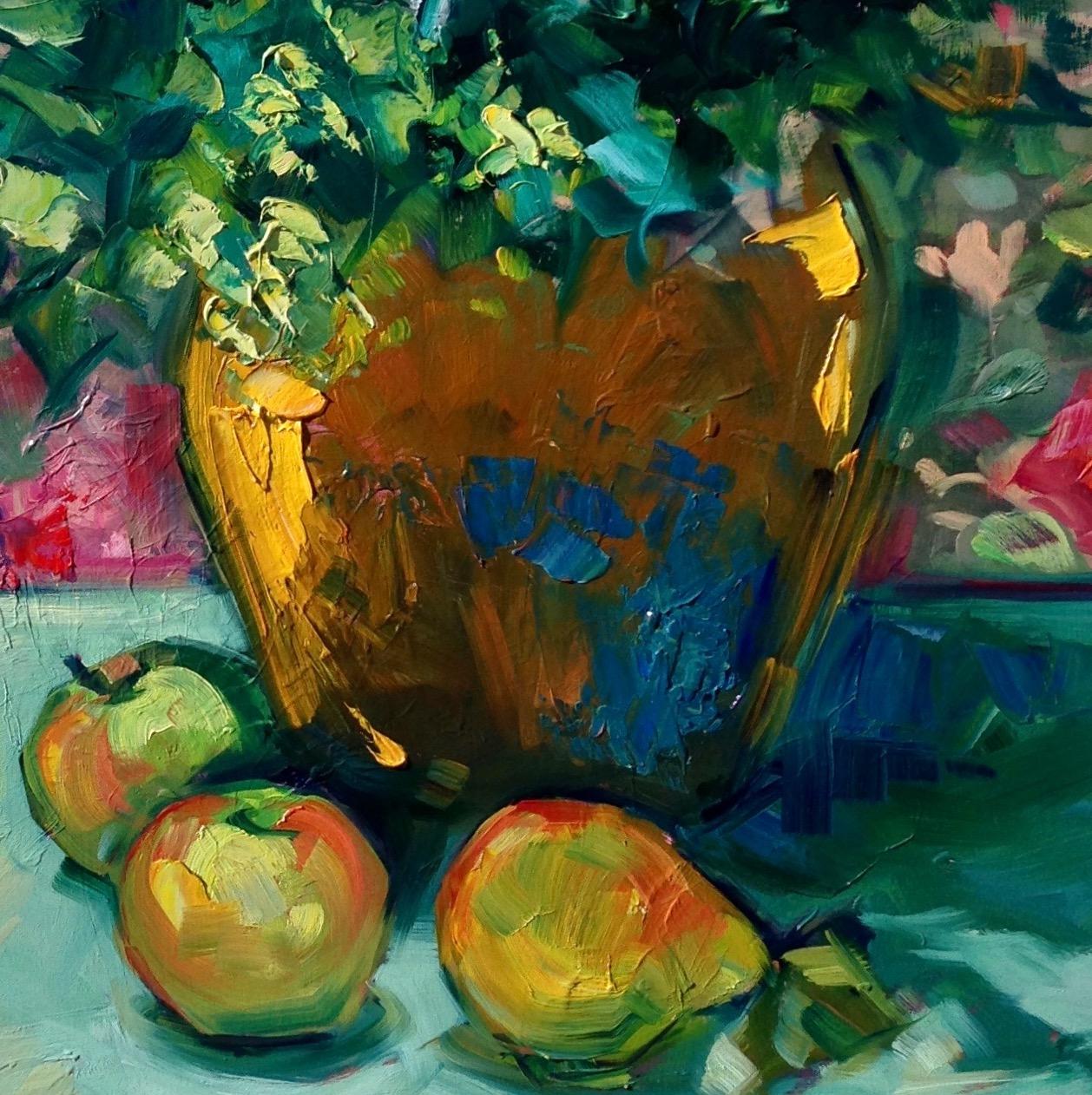 «hydrangeas and Sunflowers » - Nature morte impressionniste contemporaine  - Gris Still-Life Painting par Maria Bertrán