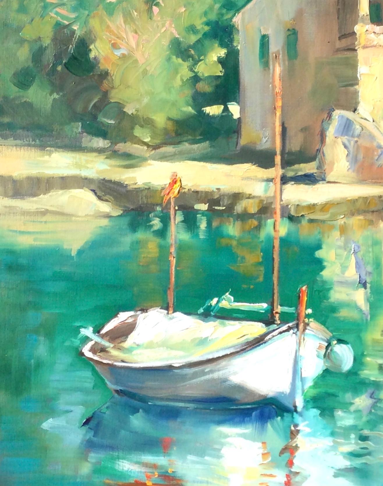 « In Cala Bora », huile impressionniste contemporaine de Majorque, Espagne - Post-impressionnisme Painting par Maria Bertrán