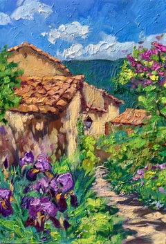 "Irises By The Path"  Modern Impressionist Oil Painting of Provence