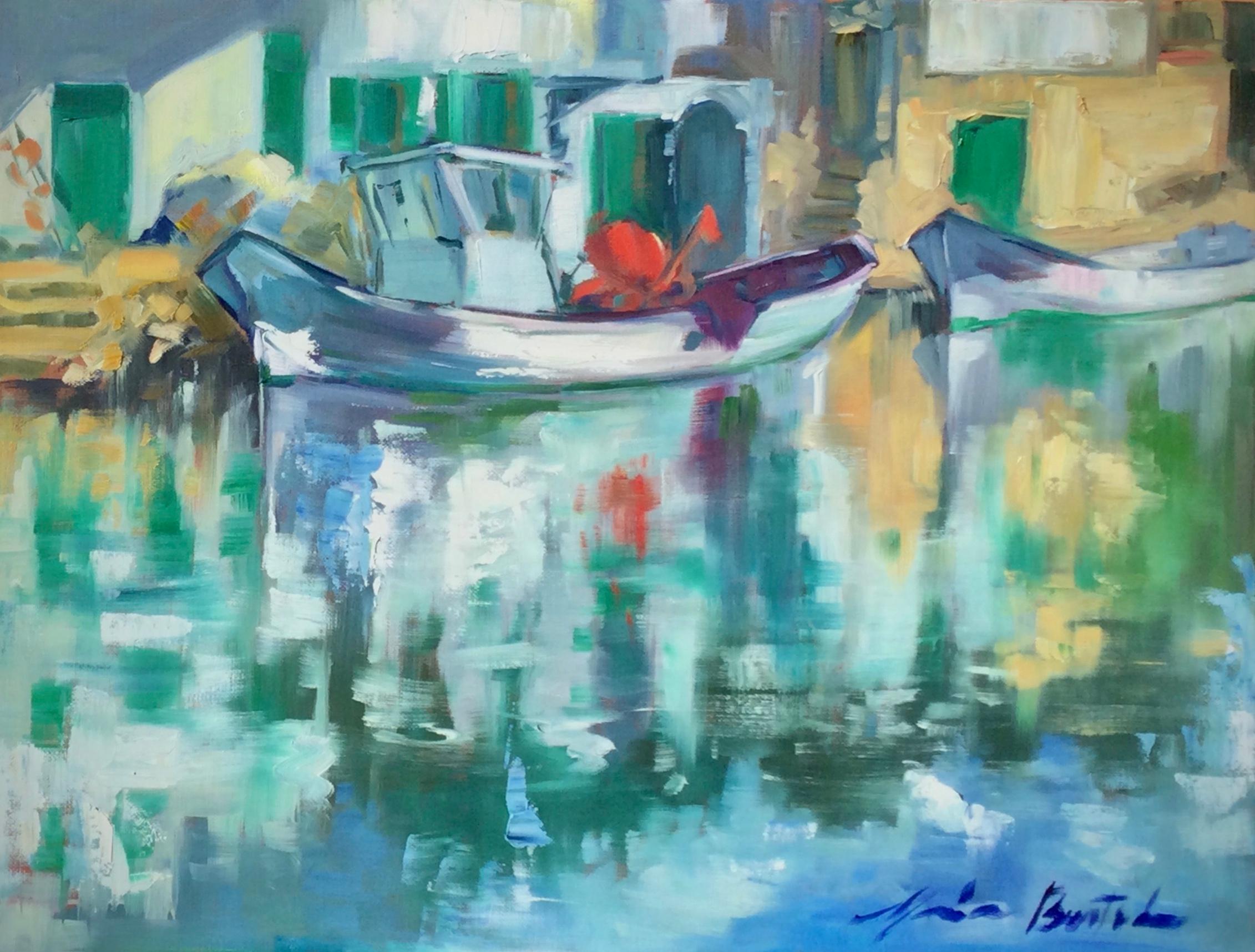 Maria Bertrán Landscape Painting - "Juan's Boat" Contemporary Impressionist Oil Of Mallorca, Spain