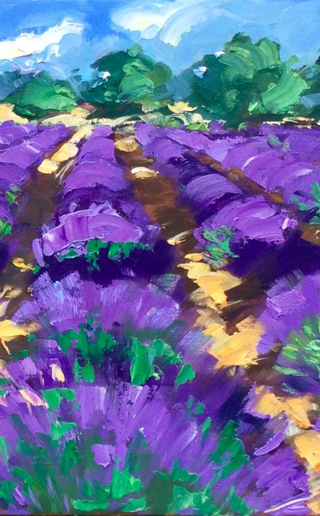 Lavender On The Road To Ferrasier (Lavender sur la route de Ferrasier) Huile impressionniste contemporaine de Provence - Painting de Maria Bertrán
