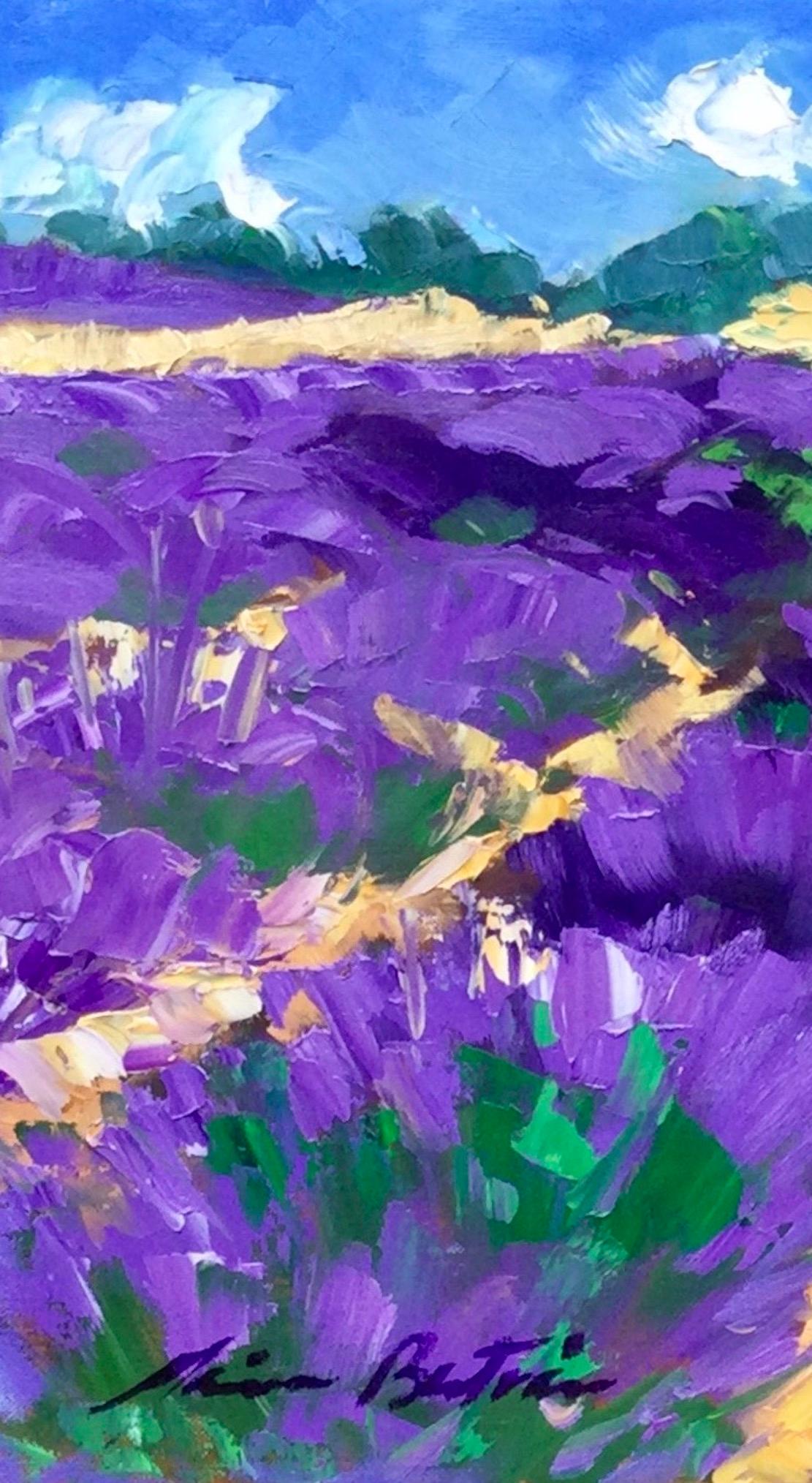Lavender On The Road To Ferrasier (Lavender sur la route de Ferrasier) Huile impressionniste contemporaine de Provence - Post-impressionnisme Painting par Maria Bertrán