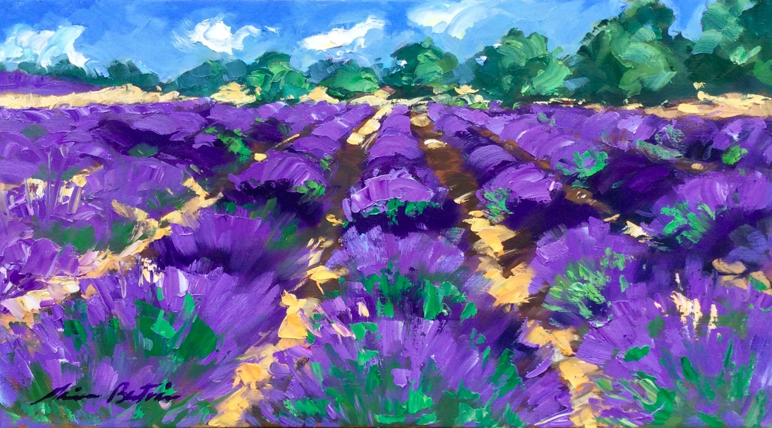 Landscape Painting Maria Bertrán - Lavender On The Road To Ferrasier (Lavender sur la route de Ferrasier) Huile impressionniste contemporaine de Provence