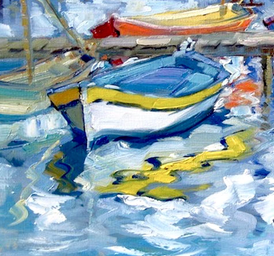 « Le Brusc Lagoon », huile impressionniste de Maria Bertran représentant des bateaux de la Côte d'Azur - Painting de Maria Bertrán