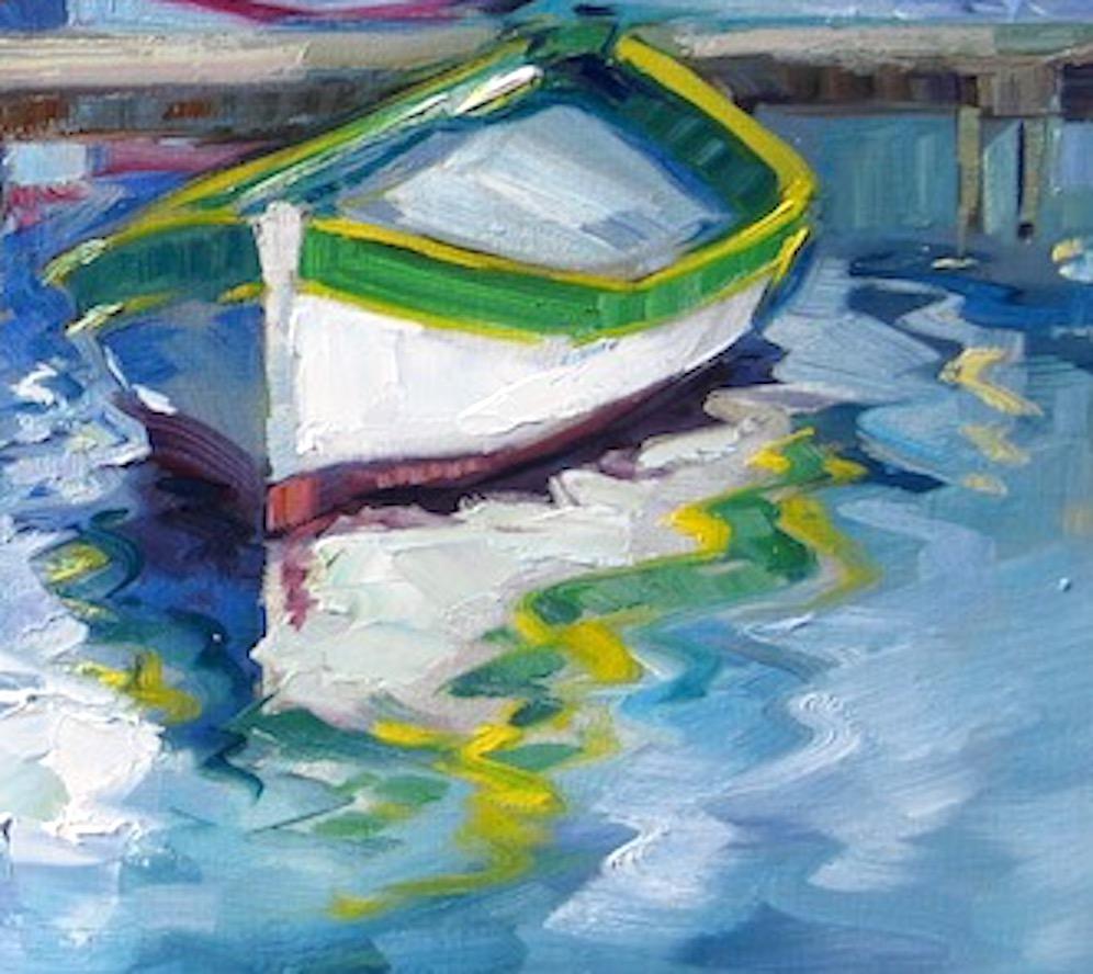 « Le Brusc Lagoon », huile impressionniste de Maria Bertran représentant des bateaux de la Côte d'Azur - Bleu Landscape Painting par Maria Bertrán