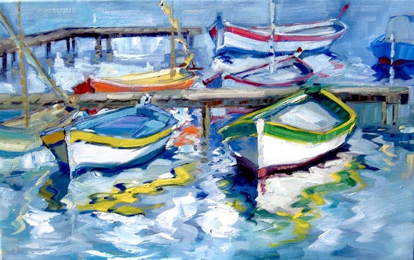 "Le Brusc Lagoon," Impressionist Oil Of French Riviera Boats by Maria Bertran