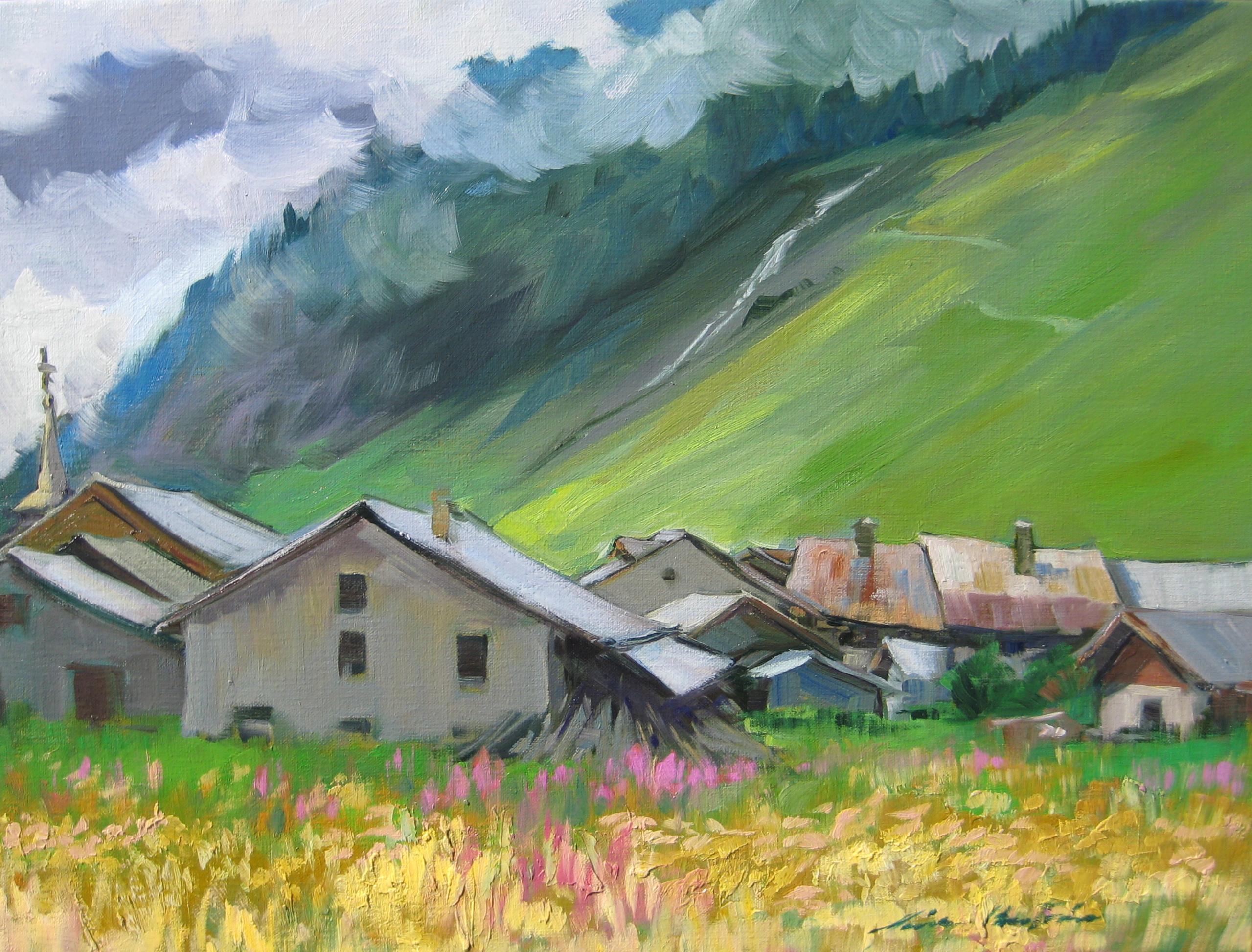 Maria Bertrán Landscape Painting - "Les Bois Farmhouses" Modern Impressionist Oil of French Alps by Maria Bertran