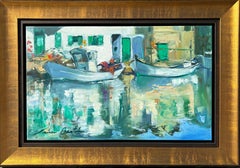 "Bateaux de pêche de Majorque" Huile impressionniste contemporaine de Majorque, Espagne