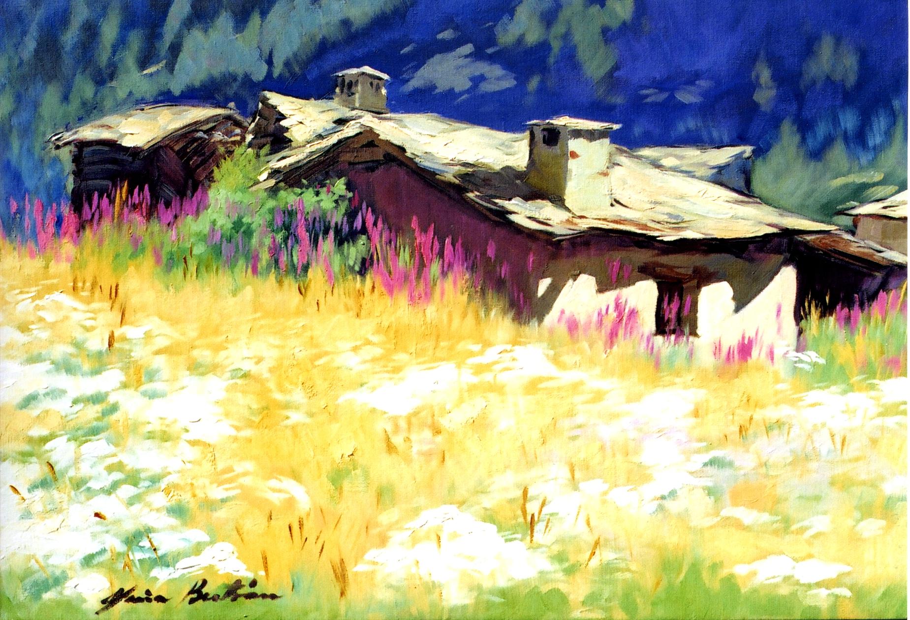 Maria Bertrán Landscape Painting – ""Brunnen im Schatten" Modernes impressionistisches Ölgemälde der italienischen Alpen von Maria Bertran