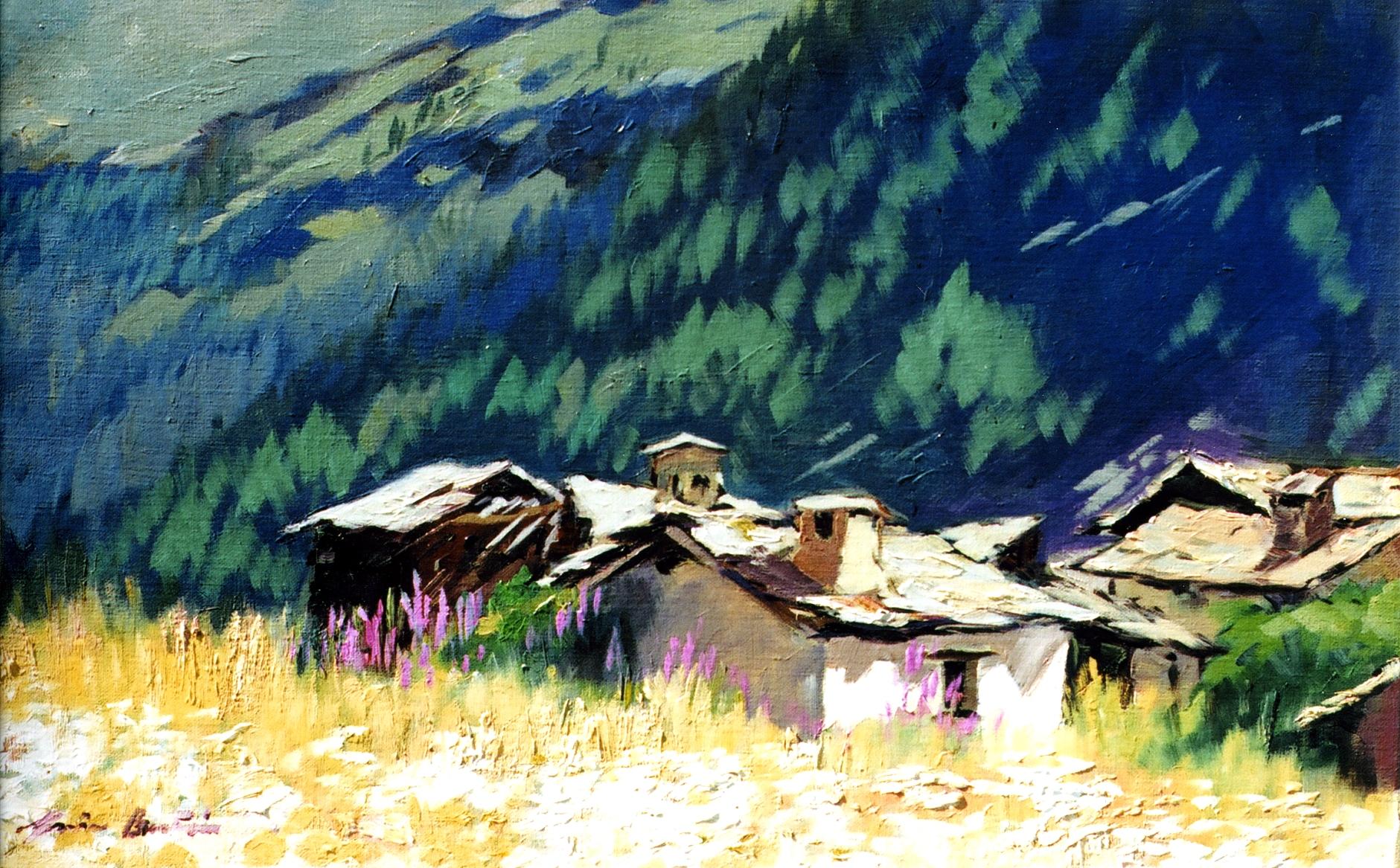 Maria Bertrán Landscape Painting - "Old Alpine Cabins" Modern Impressionist Oil of Italian Alps by Maria Bertran