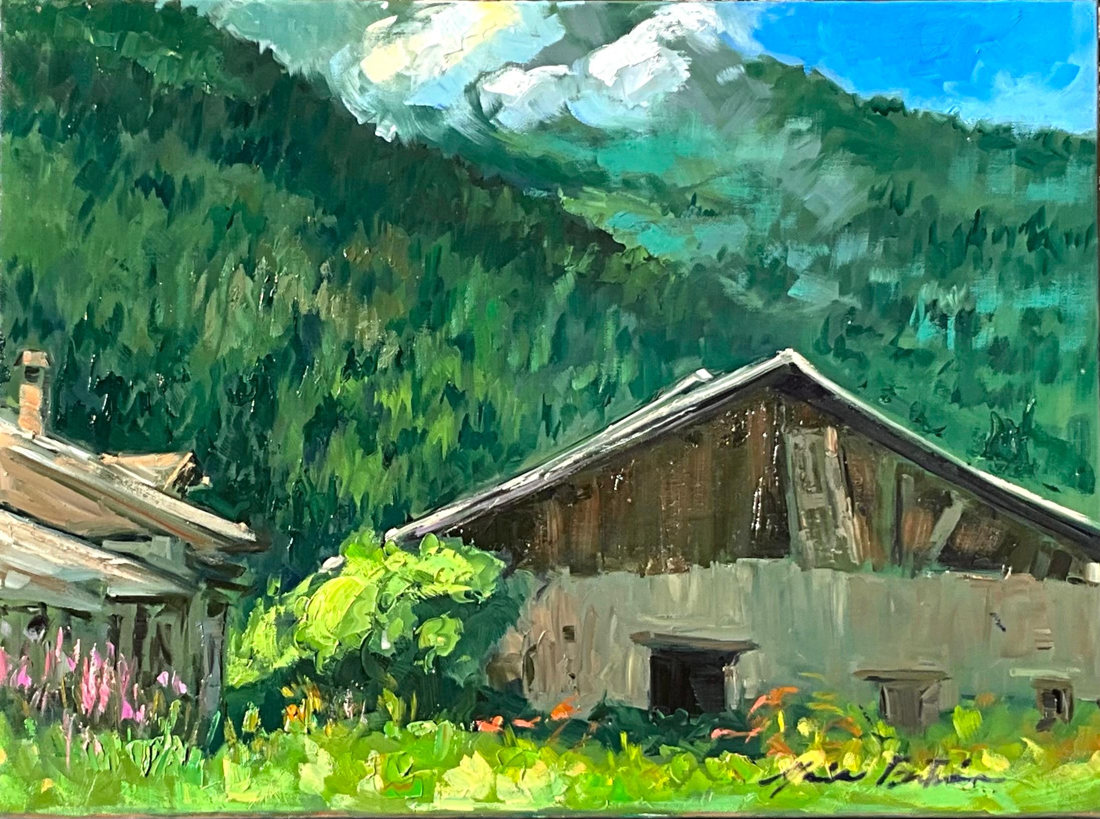 Maria Bertrán Landscape Painting - "Old Barn In Les Bois"  Contemporary Impressionist Oil Painting of French Alps