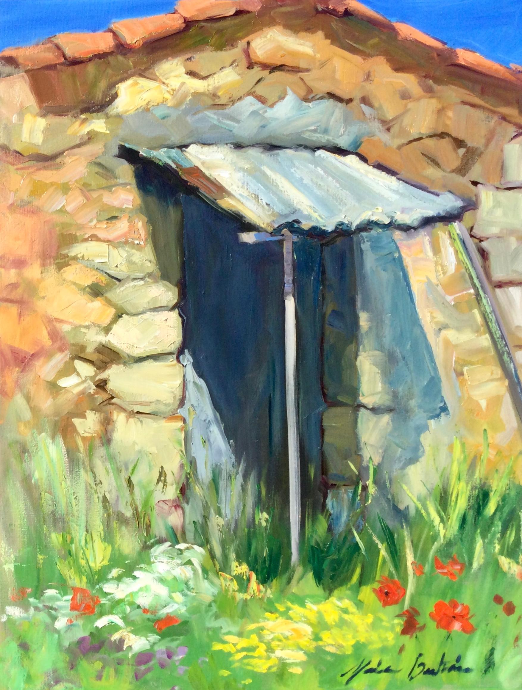 Landscape Painting di Maria Bertrán - "Vecchia porta di Cabanon" Olio impressionista contemporaneo della Provenza