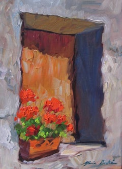 "Orange Flowers In The Window"  Impressionist Oil Painting by Maria Bertran