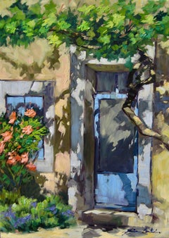 "Orange Roses By The Blue Door"  Contemporary Impressionist Oil of Provence