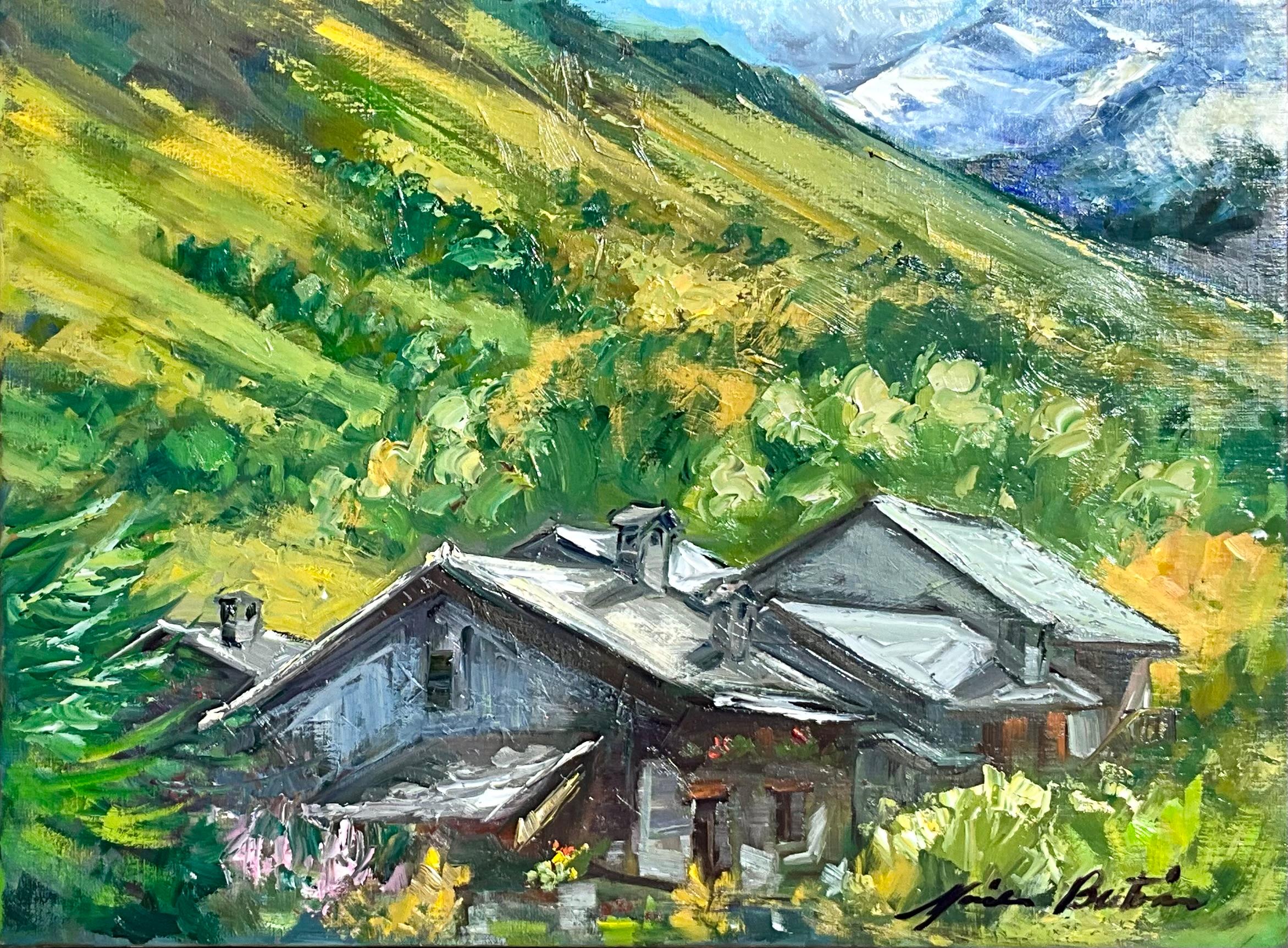 Landscape Painting di Maria Bertrán - "Parc de la Vanoise"  Pittura a olio impressionista contemporanea delle Alpi francesi