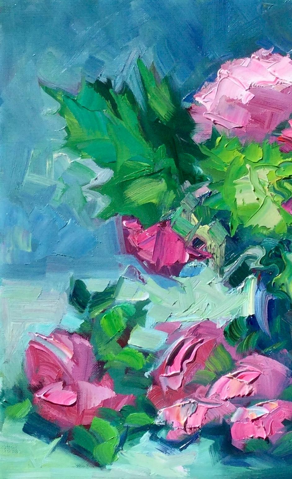 Nature morte impressionniste contemporaine roses de jardin rose  - Painting de Maria Bertrán