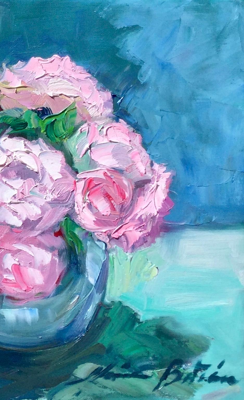 Nature morte impressionniste contemporaine roses de jardin rose  - Post-impressionnisme Painting par Maria Bertrán