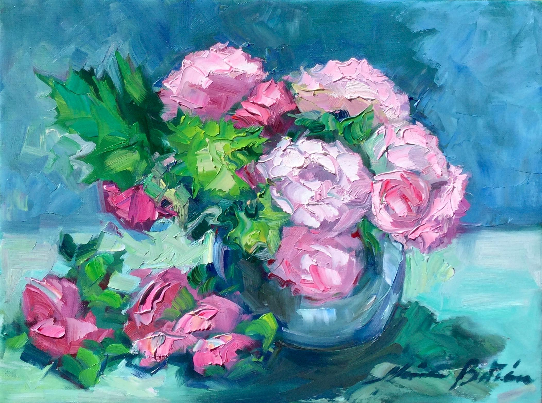 Still-Life Painting Maria Bertrán - Nature morte impressionniste contemporaine roses de jardin rose 