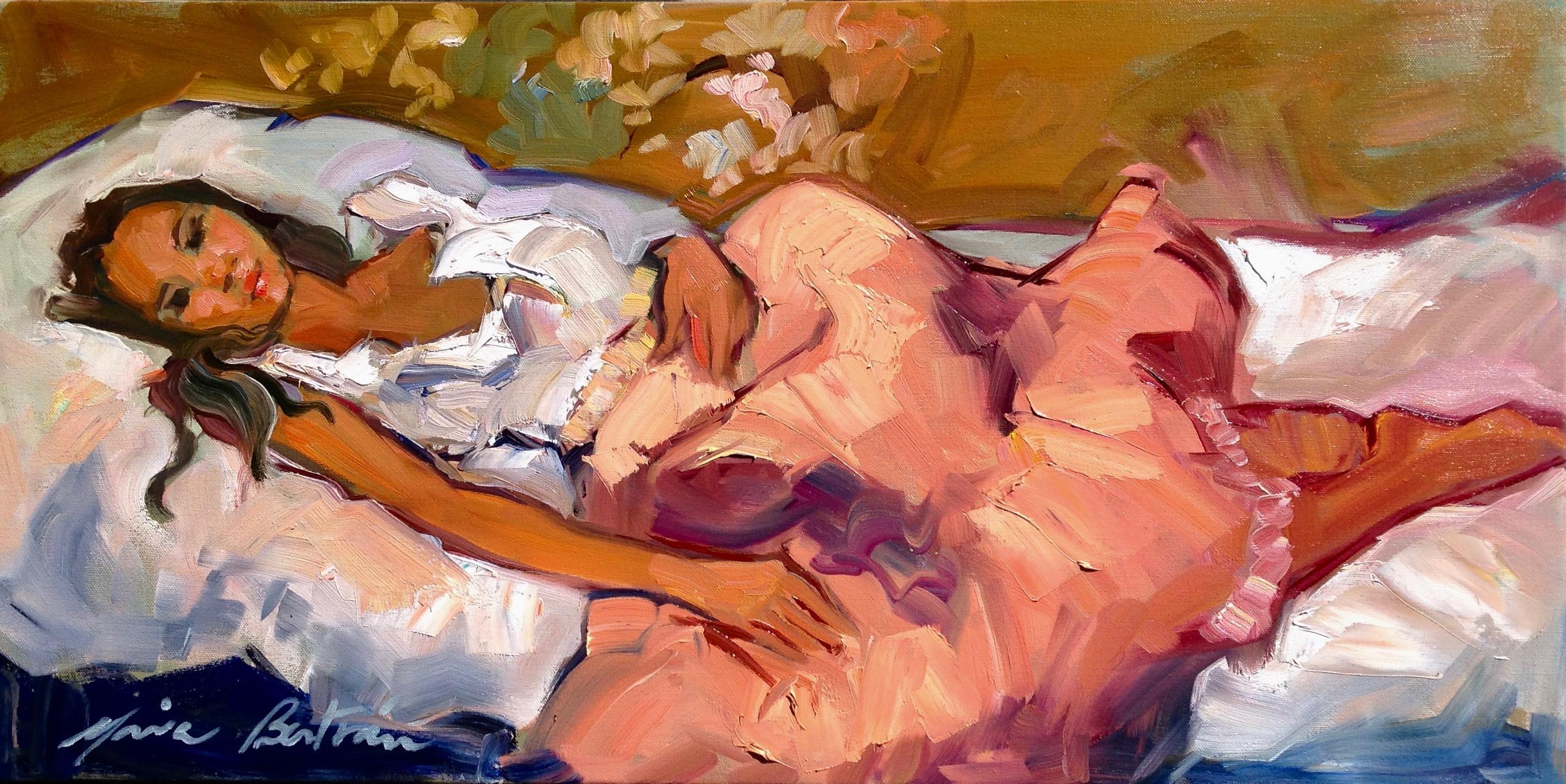 Maria Bertrán Figurative Painting - "Pink Provencal Skirt" Contemporary Impressionist Figure Oil Painting