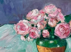 "Pink Roses From The Garden" Contemporary Impressionist Still Life Oil