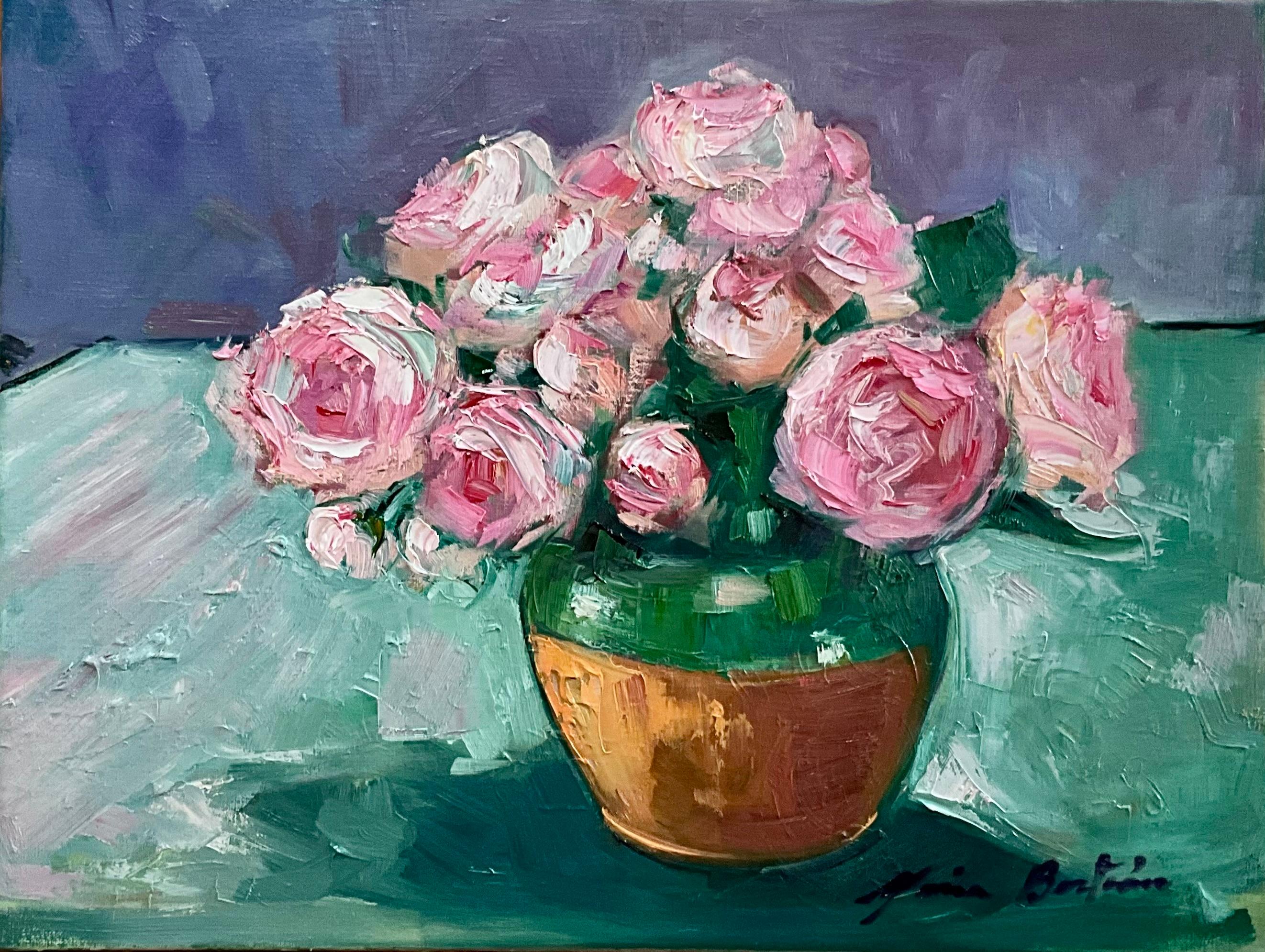 Still-Life Painting di Maria Bertrán - "Rose rosa dal giardino" Natura morta impressionista contemporanea ad olio