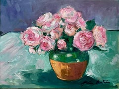 "Pink Roses From The Garden" Contemporary Impressionist Still Life Oil