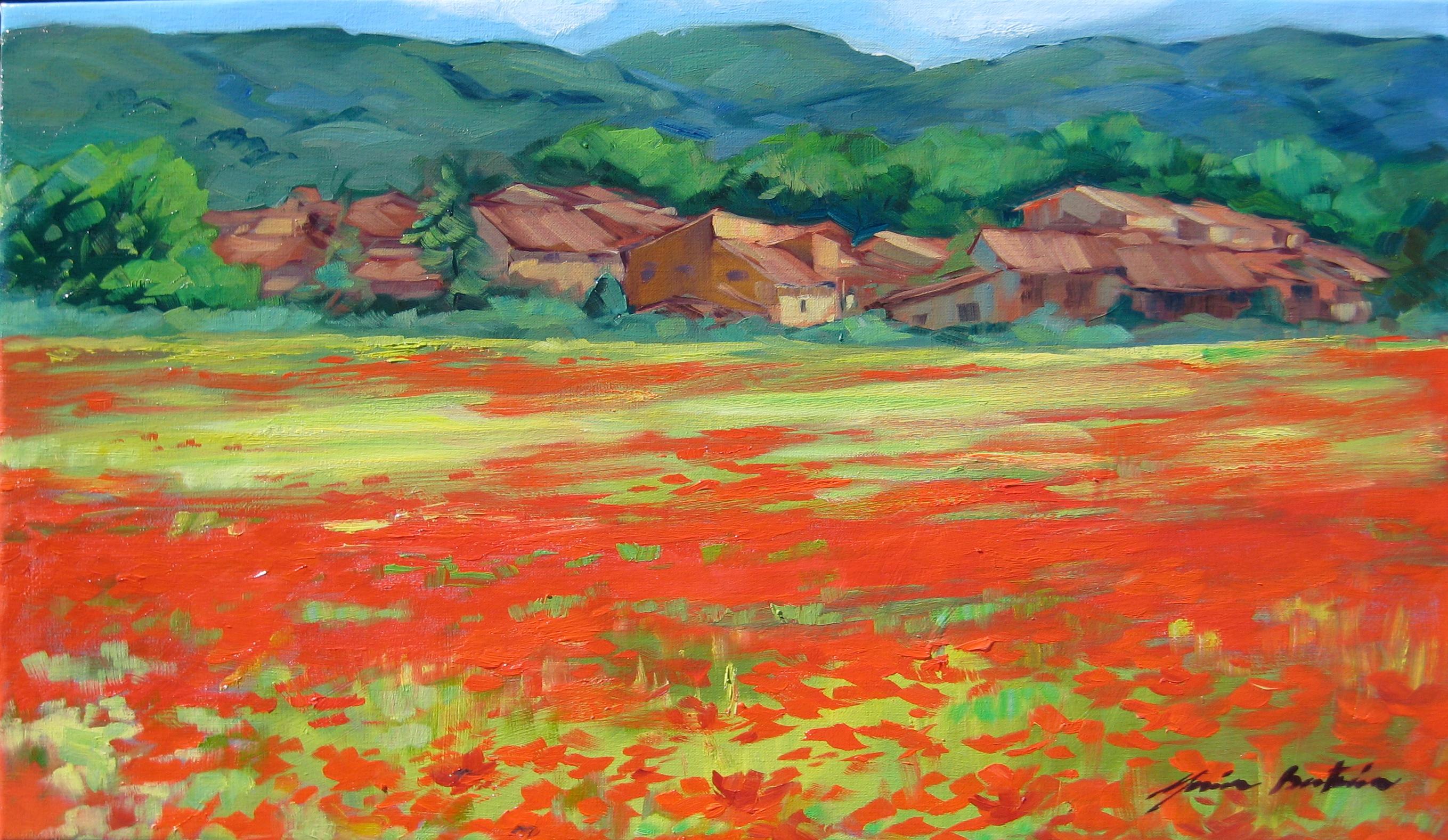 Landscape Painting Maria Bertrán - « Poppies By The Village, Provence »  Peinture à l'huile impressionniste contemporaine