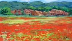 "Poppies By The Village, Provence"  Contemporary Impressionist Oil Painting