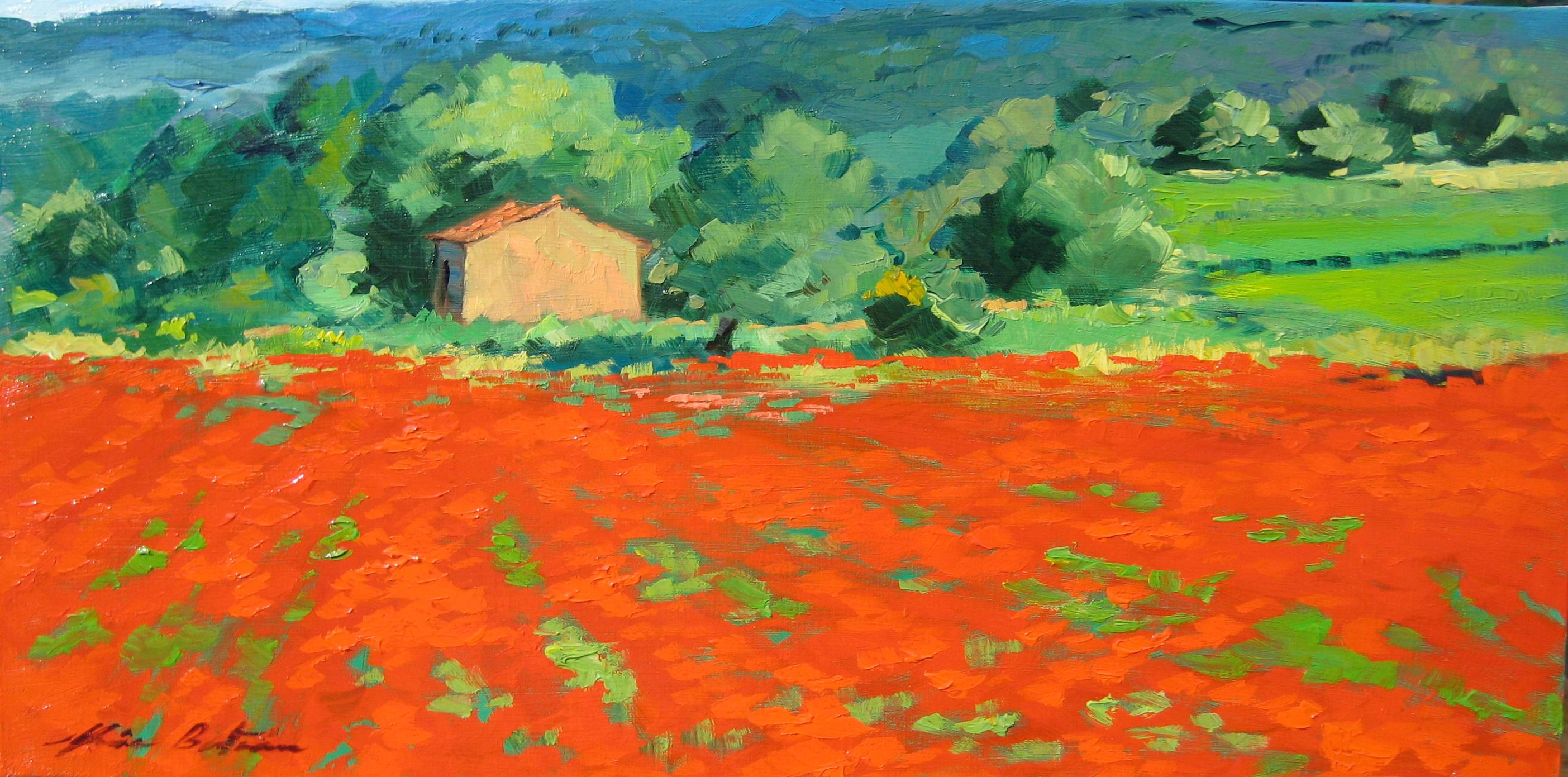 Landscape Painting de Maria Bertrán - "Amapolas junto al bosque" Óleo impresionista contemporáneo de la Provenza